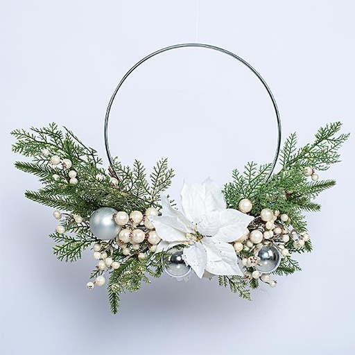 [600-45343] CORONILLA CON ARO DE PLATA, FLOR, BOLAS Y DECORATIVOS, 50cm