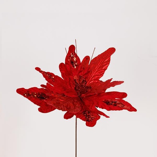 [600-47500] FLOR ROJA CON HOJAS DE CUERO DORADO, 36x15cm
