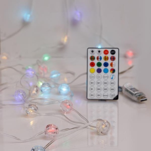 [600-01322] LÍNEA, 100 MINI LED, CRACK BALLS 2cm, USB, CONTROLADO POR APP, CONTROL REMOTO, CABLE DE COBRE PLANO TRANSPARENTE, LED RGB, POR 15cm, CABLE DE CONDUCCIÓN 3m, IP20 (paquete en rollo)