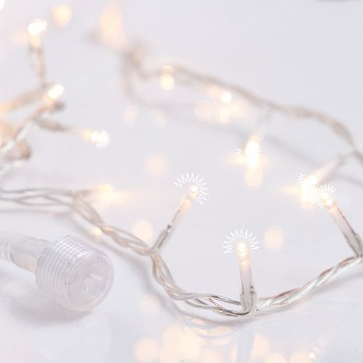[600-02541] LÍNEA, 300 LED FLASH 5 mm, ADAPTADOR 31 V, 4 CONECTORES HASTA 3 JUEGOS, CABLE PVC TRANSPARENTE, LED BLANCO CÁLIDO, POR 10 cm, CABLE CONDUCTOR 300 cm, IP44