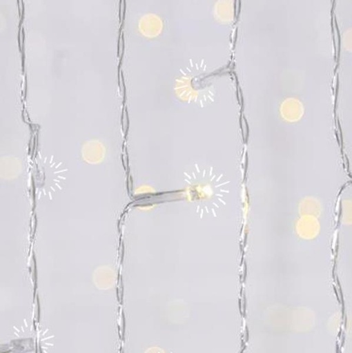 [600-02651] CORTINA, 240 LED FLASH 5mm, ADAPTADOR 36V, 4 CONECTORES HASTA 3 JUEGOS, CABLE PVC TRANSPARENTE, LED BLANCO CÁLIDO (Alto 100 x Ancho 200cm, 20 LÍNEAS x 12 LED), CABLE 3m, IP44