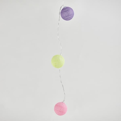[600-03051] LÍNEA, 10 LED DE 5 mm, CON BOLAS DE ALGODÓN AMARILLAS, ROSADAS Y MORADA DE 4 cm, CAJA DE PILAS 2xAA, TEMPORIZADOR, CABLE DE PVC TRANSPARENTE, LED BLANCO CÁLIDO, POR 15 cm, CABLE DE CONDUCCIÓN DE 30 cm, IP20