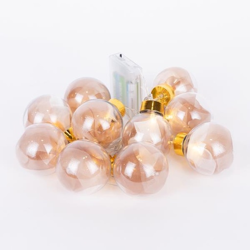 [600-03055] LÍNEA 10 BOLAS DECORATIVAS LED CON TELA ORO ROSA, CAJA DE PILAS 3XAA, TEMPORIZADOR, LED BLANCO CÁLIDO, POR 15 cm, CABLE DE PVC TRANSPARENTE, CABLE DE PLOMO 30 cm, IP20