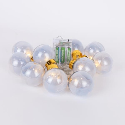 [600-03056] LÍNEA 10 BOLAS DECORATIVAS LED CON TELA PLATEADA, CAJA DE PILAS 3XAA, TEMPORIZADOR, LED BLANCO CÁLIDO, CABLE DE PVC TRANSPARENTE, CABLE DE PLOMO 30cm, IP20