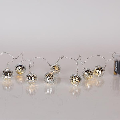 [600-03060] LÍNEA, 10 LED 5mm, CON BOLAS DE DISCO, CAJA DE PILAS 3xAA, TEMPORIZADOR, CAJA DE PVC TRANSPARENTE, LED BLANCO CÁLIDO, POR 15cm, CABLE DE CONDUCCIÓN 30cm, IP20