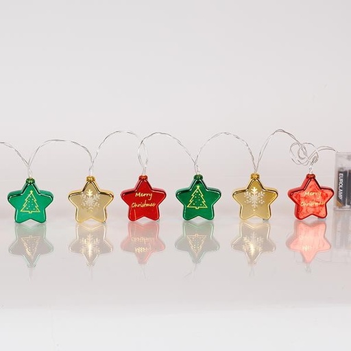 [600-03061] LÍNEA, 10 LED 5mm, CON ESTRELLAS DE PLÁSTICO DE COLORES, CAJA DE PILAS 3xAA, TEMPORIZADOR, CABLE DE PVC TRANSPARENTE, LED BLANCO CÁLIDO, POR 10cm, CABLE DE CONDUCCIÓN 30cm, IP20