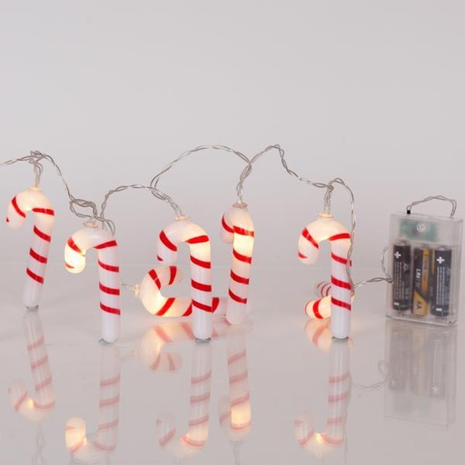 [600-03069] LÍNEA, 10 LED 5 mm, CARAMELO ROJO Y BLANCO, CAJA DE PILAS 3xAA, TEMPORIZADOR, CABLE DE PVC TRANSPARENTE, LED BLANCO CÁLIDO, POR 15 cm, CABLE DE CONDUCCIÓN 30 cm, IP20