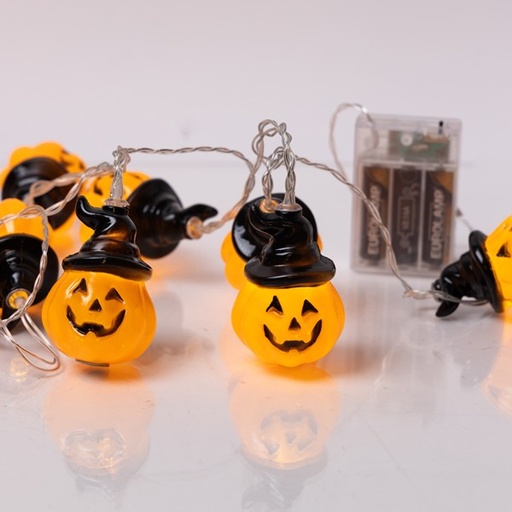 [600-03073] LÍNEA, 10 MINI LED, CALABAZA CON SOMBRERO, CAJA DE PILAS 3xAA, TEMPORIZADOR, CABLE DE PVC TRANSPARENTE, LED BLANCO CÁLIDO, POR 15cm, CABLE DE CONDUCCIÓN 30cm, IP20
