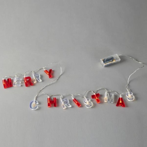 [600-03241] LÍNEA, 14 LED 5 mm, 'FELIZ NAVIDAD', LETRAS ROJAS Y BLANCAS, CAJA DE PILAS 2xAA, TEMPORIZADOR, CABLE DE PVC TRANSPARENTE, LED BLANCO CÁLIDO, POR 8 cm, CABLE DE CONDUCCIÓN 30 cm, IP20