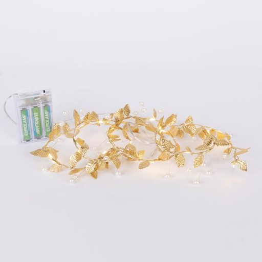 [600-03260] LÍNEA 15 MINI LED CON HOJAS DECORATIVAS Y PERLA, CAJA DE PILAS 3XAA, TEMPORIZADOR, LED BLANCO CÁLIDO, CABLE DE COBRE PLATEADO, CABLE DE PLOMO 30cm, IP20