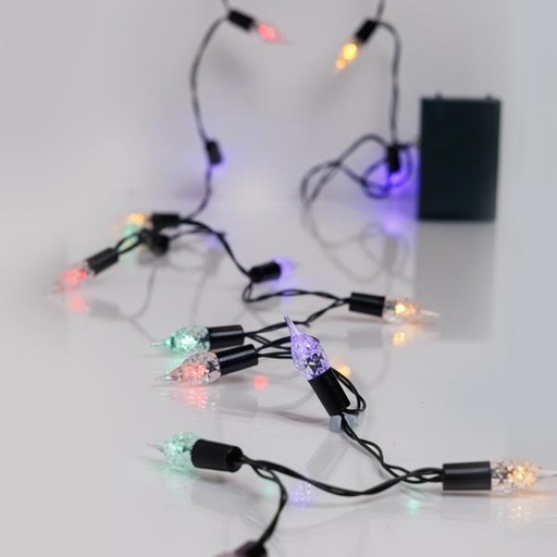 [600-03347] LÍNEA, 20 LED 5mm CON DECORACIÓN VINTAGE 1,2cm, CAJA DE PILAS 3XAA, TEMPORIZADOR, CABLE PVC VERDE, MULTI LED, POR 10cm, CABLE CONDUCTOR 30cm, IP20