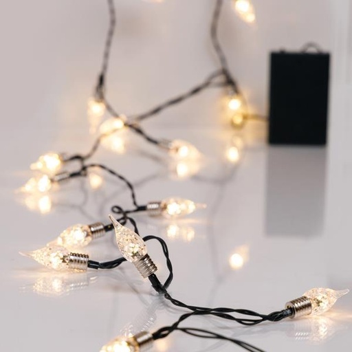 [600-03349] LÍNEA, 20 LED 5mm CON DECORACIÓN VINTAGE 1,2mm, CAJA DE PILAS 3XAA, TEMPORIZADOR, CABLE PVC VERDE, LED BLANCO CÁLIDO, POR 10cm, CABLE 30cm, IP20