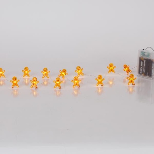 [600-03357] LÍNEA, 20 MINI LED, HOMBRE DE JENGIBRE, CAJA DE PILAS 3xAA, TEMPORIZADOR, CABLE DE COBRE PLATEADO, LED BLANCO CÁLIDO, POR 10 cm, CABLE DE CONDUCCIÓN 30 cm, IP20