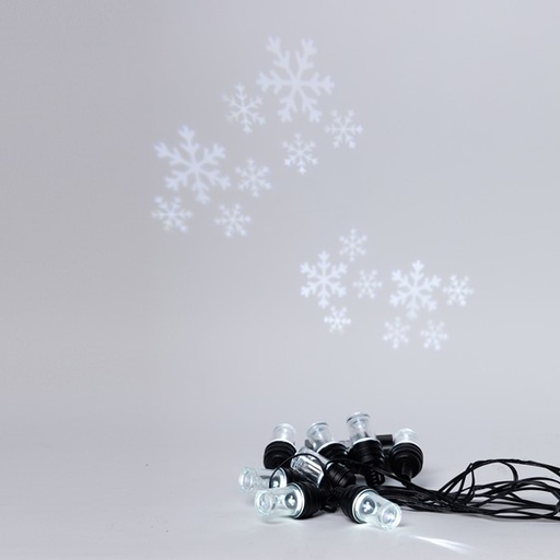 [600-03601] PROYECTOR GUIRNALDA 8 LED CON DISEÑO DE COPO DE NIEVE, ADAPTADOR DE 4,5V, FIJO, CABLE PVC NEGRO, LED BLANCO, POR 50cm, CABLE 5m, IP44