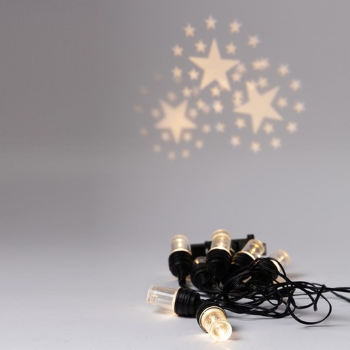 [600-03602] PROYECTOR GUIRNALDA 8 LED CON DISEÑO DE ESTRELLAS, ADAPTADOR DE 5V, FIJO, CABLE PVC NEGRO, LED BLANCO CÁLIDO, POR 50cm, CABLE 5m, IP44