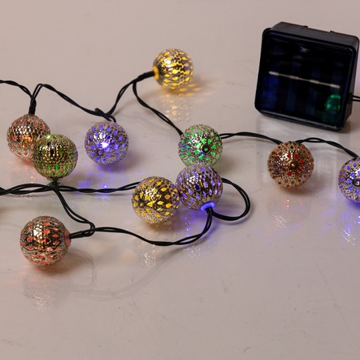 [600-04700] LÍNEA, 40 LED 5 mm, CON BOLAS BOHO 3 cm, PANEL SOLAR CON SENSOR DE LUZ, 8 M/H, CABLE PVC VERDE, MULTI LED, POR 10 cm, CABLE CONDUCTOR 1 m, IP44