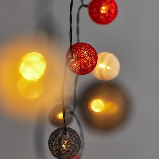 [600-04701] LÍNEA, 40 LED 5 mm, CON BOLAS DE PLÁSTICO CON ALGODÓN (ROJO, BLANCO, GRIS) 4 cm, PANEL SOLAR CON SENSOR DE LUZ, 8 M/F, CABLE DE PVC VERDE, LED BLANCO CÁLIDO POR 10 cm, CABLE DE CONDUCCIÓN 1 m, IP44