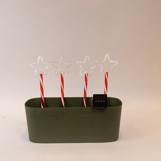 [600-04703] LÍNEA, 36 MINI LED, 4 SEÑALES DE PLÁSTICO CON ESTRELLA SUPERIOR DE 10 cm, CON PISTA DE TIERRA DE 32 cm, PANEL SOLAR CON SENSOR DE LUZ, 8 M/H, CABLE DE COBRE PLANO TRANSPARENTE, LED BLANCO CÁLIDO, POR 1 m, IP44