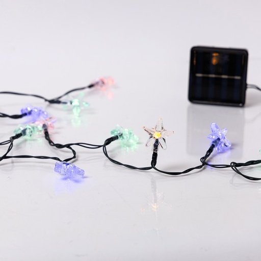 [600-04781] LÍNEA, 60 LED 5 mm, ESTRELLAS DE PLÁSTICO, PANEL SOLAR CON SENSOR DE LUZ, 8 Μ/F, CABLE PVC VERDE, MULTILED, POR 10 cm, CABLE CONDUCTOR 60 cm, IP44