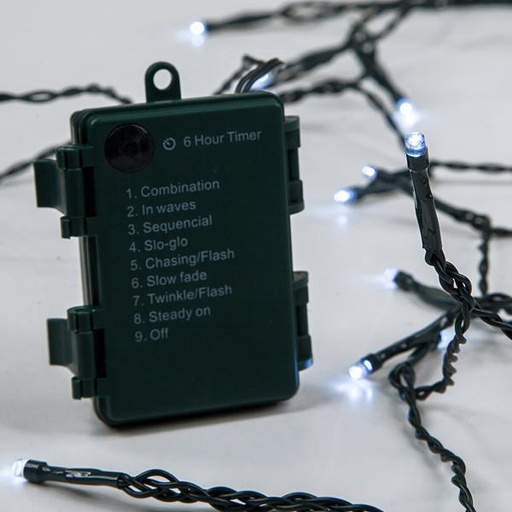 [600-05580] LÍNEA, 96 LED 3 mm, CAJA DE PILAS 3xAA, 8 M/F Y MEMORIA, TEMPORIZADOR, CABLE DE PVC VERDE, LED BLANCO, POR 10 cm, CABLE DE CONDUCCIÓN 30 cm, IP44, CAJA DE EXPOSICIÓN (16 UDS.)
