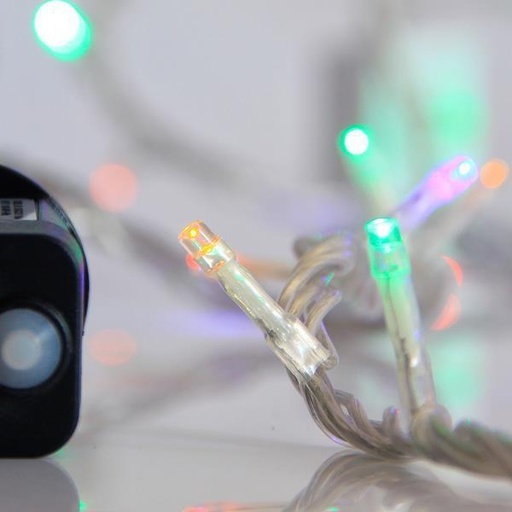 [600-06608] CARÁMBANO, 144 LED 3 mm, ADAPTADOR 36 V, 8 M/F Y MEMORIA, 4 CONECTORES HASTA 3 JUEGOS, CABLE DE PVC TRANSPARENTE, LED MULTICOLOR (Alto 60 x Ancho 300 cm, 5/7/5/7), CABLE DE CONDUCCIÓN 3 m, IP44