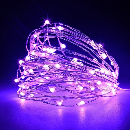 [600-07318] MINI LED LÍNEA 100, ADAPTADOR DE 4,5 V, FIJO, CABLE DE COBRE PLATEADO, LED MORADO, POR 10 cm, CABLE DE CONDUCCIÓN 5 m, IP44