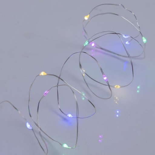 [600-07648]  LÍNEA, 20 MINI LED, CAJA DE PILAS 2XAA, TEMPORIZADOR, CABLE DE COBRE PLATEADO, LED MULTI-ÓPALO, POR 10 cm, CABLE DE CONDUCCIÓN DE 10 cm, IP20, CAJA DE EXPOSICIÓN (24 UDS.)