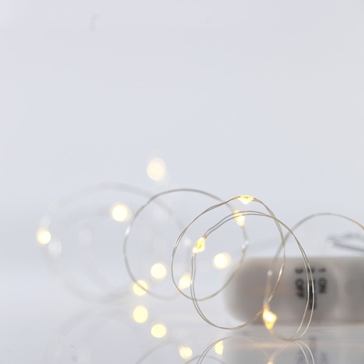 [600-07901] LÍNEA, 12 MINI LED, CAJA DE PILAS 2xCR2032, CABLE DE COBRE PLATEADO, BLANCO CÁLIDO, POR 10 cm, CABLE DE CONDUCCIÓN 10 cm, IP20
