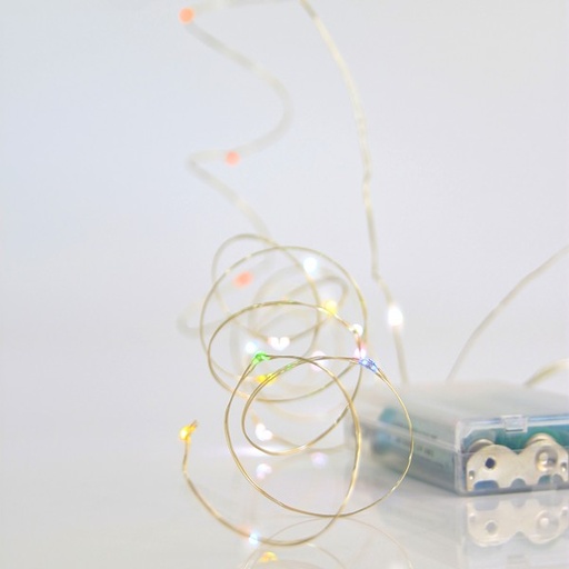 [600-07929] LÍNEA, 20 MINI LED, CAJA DE PILAS 3xAA, TEMPORIZADOR, CABLE DE COBRE PLATEADO, MULTI LED, POR 10 cm, CABLE DE CONDUCCIÓN 10 cm, IP20