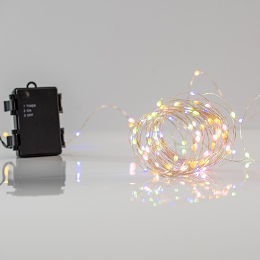 [600-07958] LÍNEA, 50 MINI LED, CAJA DE PILAS 3xAA, 11 M/F Y MEMORIA, TEMPORIZADOR, CABLE DE COBRE PLATEADO, LED ÓPALO MULTI-BLANCO CÁLIDO, POR 10 cm, CABLE DE CONDUCCIÓN 10 cm, IP44