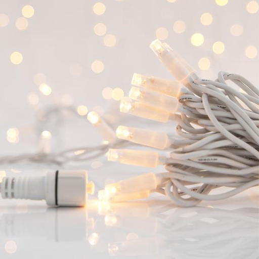 [600-09141] LÍNEA, 100 LED 5 mm, 230 V, 3 conectores hasta 9 unidades, cable de goma blanco, LED blanco cálido, cada 10 cm, cable de 1,5 m, IP65