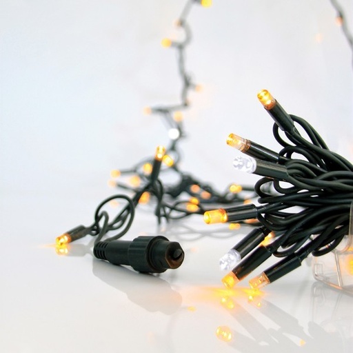 [600-09266] LÍNEA, 100 LED 5 mm CON COPAS, 230 V, 3 CONECTORES HASTA 9 JUEGOS, CABLE DE GOMA VERDE, BLANCO CÁLIDO + 10 LED BLANCOS DE DESTELLO, POR 10 cm, IP65 (SIN ENCHUFE, SIN CABLE)