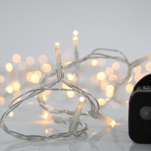 [600-14061] LÍNEA, 50 LED 3 mm, ADAPTADOR 4,5 V, 8 M/F y MEMORIA, CABLE PVC TRANSPARENTE, LED BLANCO CÁLIDO, POR 5 cm, CABLE CONDUCTOR 3 m, IP44