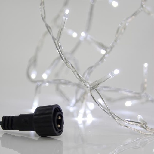 [600-15220] LÍNEA, 100 LED 3 mm, ADAPTADOR 31 V, 4 CONECTORES HASTA 3 JUEGOS, CABLE PVC TRANSPARENTE, LED BLANCO, POR 5 cm, CABLE CONDUCTOR 3 m, IP44