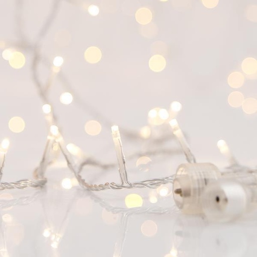 [600-15421] LÍNEA, 300 LED 3 mm, ADAPTADOR 31 V, 4 CONECTORES HASTA 3 JUEGOS, CABLE PVC TRANSPARENTE, LED BLANCO CÁLIDO, POR 5 cm, CABLE 3 m, IP44