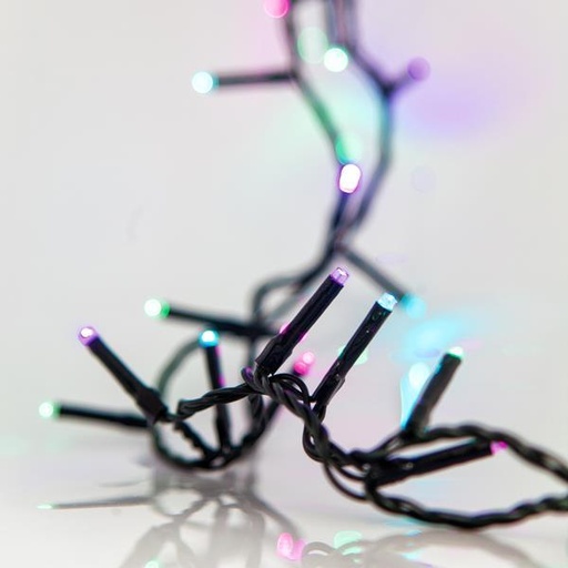 [600-15428] LÍNEA, 300 LED 3 mm, ADAPTADOR DE 31 V, 4 CONECTORES (HASTA 3 JUEGOS), CABLE DE PVC VERDE, LED ÓPALO (AZUL LADO/VERDE LADO/MORADO/ROSA), POR 5 cm, CABLE DE CONDUCCIÓN 3 m, IP44