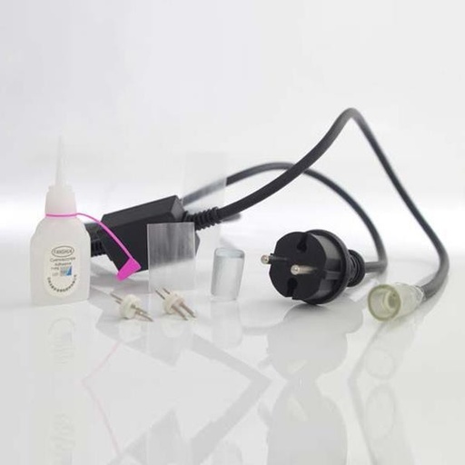 [600-22252] SET PARA CABLE DE LUCES LED DE 2 VÍAS 1,5m, ENCHUFE, CONEXIÓN MÁXIMA 50m, 1 ENCHUFE DE 2 HILOS CON PIN + 1 PIN DE CONEXIÓN INTERMEDIA 2w + tapa de 13mm + 2 TUBOS TERMORETRÁCTILES + 1 PEGAMENTO