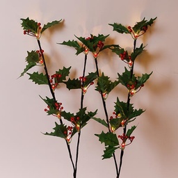  2 RAMAS VERDES CON BAYAS ROJAS H75cm, CAJA DE PILAS 3XAA, TEMPORIZADOR, 2*8 LED BLANCO CÁLIDO, CABLE DE 30cm, IP20