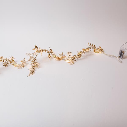 [600-22562] Guirnalda dorada iluminada con hojas anchas de 150 cm, 16 LED blanco cálido, caja de pilas 3xAA, temporizador, cable de 30 cm, IP20