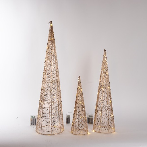 [600-22575] Conos dorados iluminados de 40/60/80 cm, 3 diseños, mini LED 20/30/40, compartimento para pilas 2 x AA/3 x AA, temporizador, cable de cobre plateado, marco de metal dorado, LED blanco cálido, cable de 30 cm, IP44
