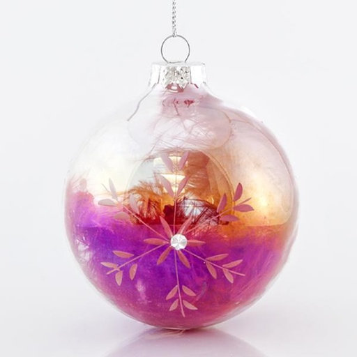 [600-42313] BOLA DE VIDRIO IRIDISCENTE TRANSPARENTE, CON PLUMA ROJA EN EL INTERIOR, SET DE 4 PIEZAS, 8 cm