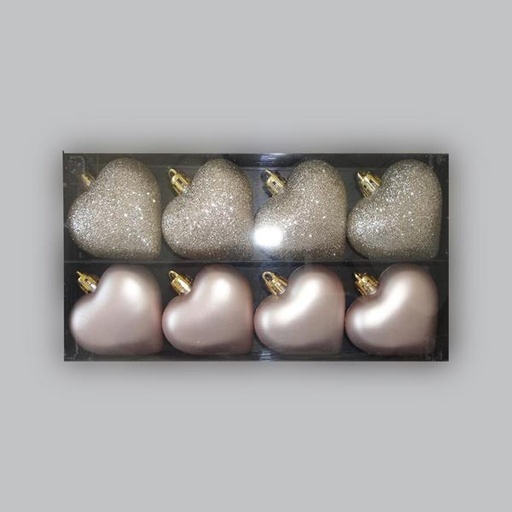 [600-42759] CORAZONES DE PLÁSTICO, SET DE 8 PIEZAS, 4 PIEZAS ROSA MATE, 4 PIEZAS CHAMPÁN BRILLO, 6 cm