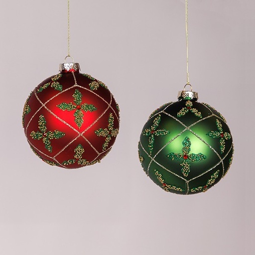 [600-42765] BOLA DE CRISTAL, VERDE Y ROJA CON DISEÑO DE FLOR, SET DE 2 PIEZAS, 10 cm