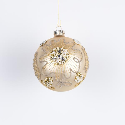 [600-42768] BOLA DE CRISTAL, DORADA CON DISEÑO Y PERLAS, SET 4 PIEZAS, 10cm
