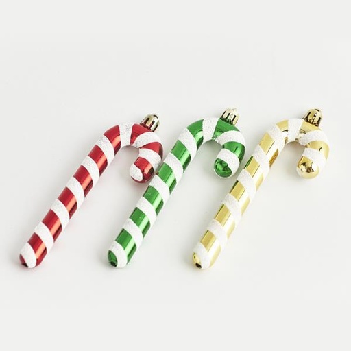 [600-42832] Bastones de caramelo de plástico, dorados, rojos y verdes, juego de 3 piezas, 13 cm