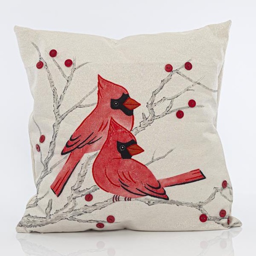 [600-43245] ALMOHADA BLANCA CON PAJARITOS ROJOS, 41x41cm