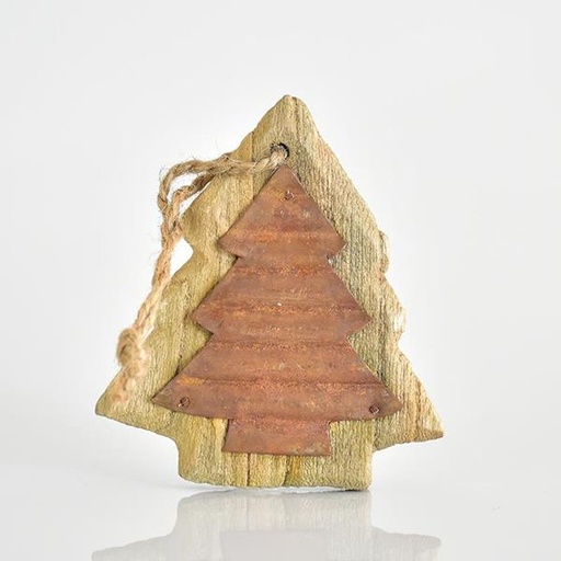 [600-43766] ÁRBOL COLGANTE DE MADERA CON DECORACIÓN DE METAL, 9,5x8,1x1,2cm