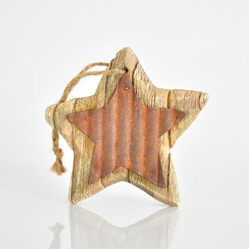 [600-43767] ESTRELLA COLGANTE DE MADERA CON DECORACIÓN DE METAL, 10,5x10,5x1,2cm