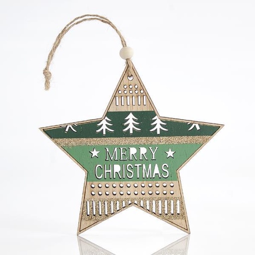 [600-43912] ESTRELLA DE MADERA, VERDE MENTA, CON DISEÑOS TALLADOS, 23x0,5x13cm