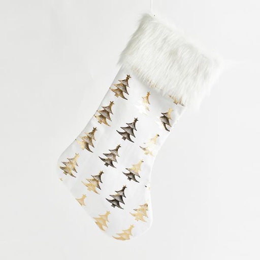 [600-44174] CALCETÍN BLANCO CON ÁRBOLES DORADOS, TERCIOPELO, 45 cm